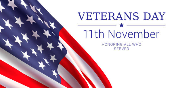 Veterans Day vector banner design template. 11th November - Veterans Day. Honoring all who served. Vector banner design template with American flag and text on white background. thank you veterans day stock illustrations