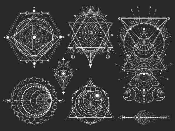 vektor-set von heiligen geometrischen symbolen und figuren auf schwarzem hintergrund. abstrakte mystische zeichen sammlung. - pyramide sammlung stock-grafiken, -clipart, -cartoons und -symbole
