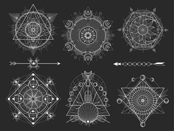 Vector set of Sacred geometric symbols and figures on black background. Abstract mystic signs collection. Vector set of Sacred geometric symbols and figures on black background. Abstract mystic signs collection. White linear shapes. For you design: tattoo, posters, t-shirts, textiles. occult symbols stock illustrations