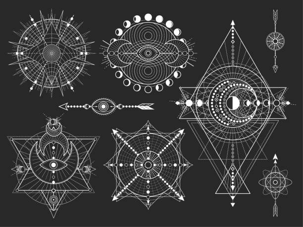 vektor-set von heiligen geometrischen symbolen und figuren auf schwarzem hintergrund. abstrakte mystische zeichen sammlung. - pyramide sammlung stock-grafiken, -clipart, -cartoons und -symbole