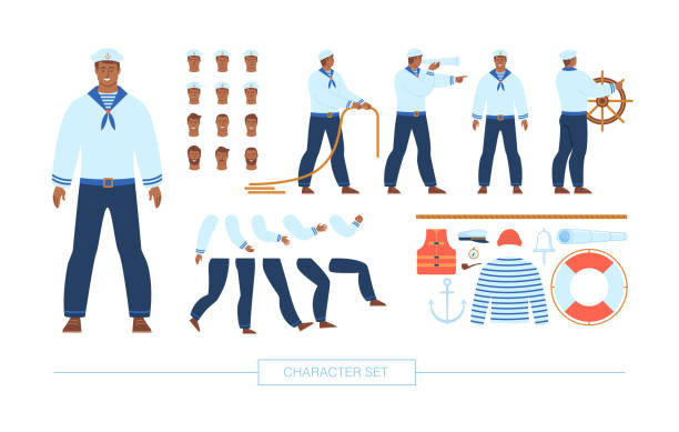 Navy Sailor Character Constructor Flat Vector Set Navy Sailor, Vessel Crewman Character Constructor Trendy Flat Vector, Isolated Design Elements Set. Ship Captain in Various Poses, Body Parts, Emotions Expressions, Sailing Accessories Illustration crewmembers stock illustrations
