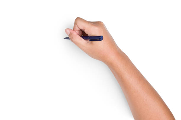 istock Human hand is holding a blue pen showing writing gestures on a white blank background with clipping path. 1185582131