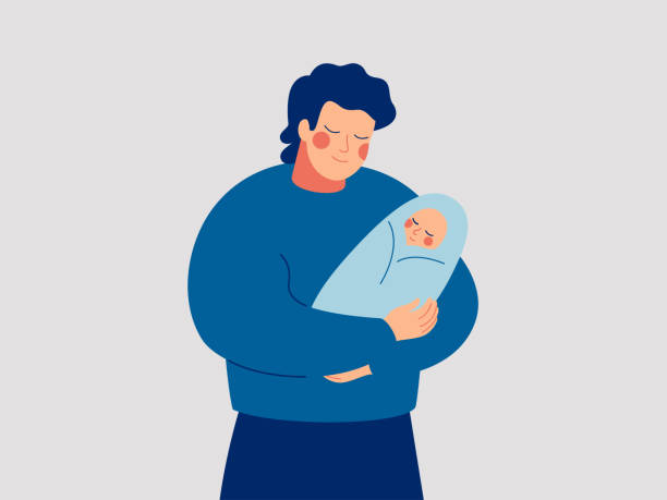 若い父親は生まれたばかりの赤ん坊を大切に抱き、愛をこめて抱いている。 - お父さん点のイラスト素材／クリップアート素材／マンガ素材／アイコン素材
