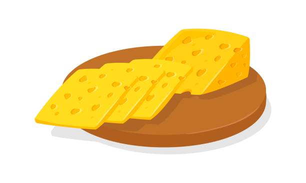 Slices of delicious swiss or dutch yellow porous cheese for toasts, sandwiches garnished with greenery Slices of delicious swiss or dutch yellow porous cheese for toasts, sandwiches garnished with greenery. Appetizing breakfast, snack. Cartoon realistic vector illustration isolated on white background. swiss cheese slice stock illustrations