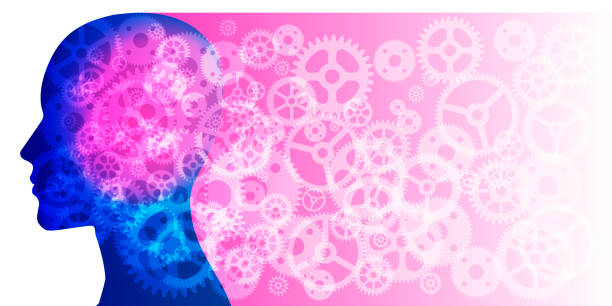 frau - profil mit mind gears - concentration brain contemplation action stock-grafiken, -clipart, -cartoons und -symbole