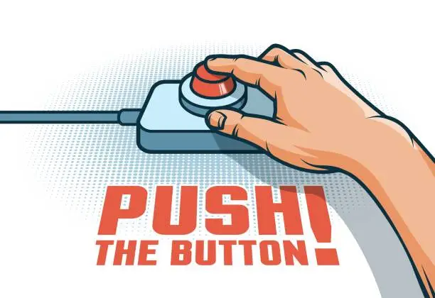 Vector illustration of Hand push the red button with  finger