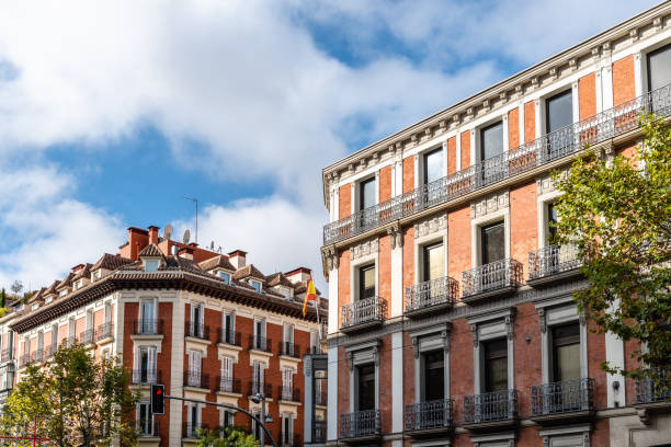 old luxury residential buildings with balconies in serrano street in salamanca district in madrid - madrid built structure house spain imagens e fotografias de stock