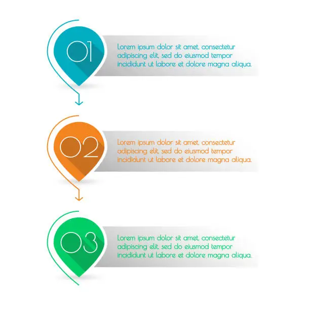 Vector illustration of 3 steps, levels or option with arrows. Map markers with numbers. Colorful number bullet points set. Menu interface for web design. Infographics template for business presentation. Vector illustration.