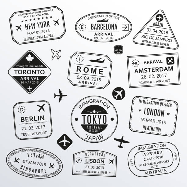 reisepass-stempel-set. verschiedene länder flughafen-visum-stempel. benutzerdefinierter steuerelementcache. new york, rom, amsterdam, london, barcelona, tokio, singapur, lissabon, berlin einwanderungsschild. vektor-illustration. - mid atlantic bundesstaaten der usa stock-grafiken, -clipart, -cartoons und -symbole