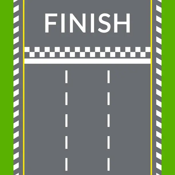 Vector illustration of Finish line on the rally track for the racing cars. Top view. Speedway banner. Empty asphalt road background. Vector illustration.