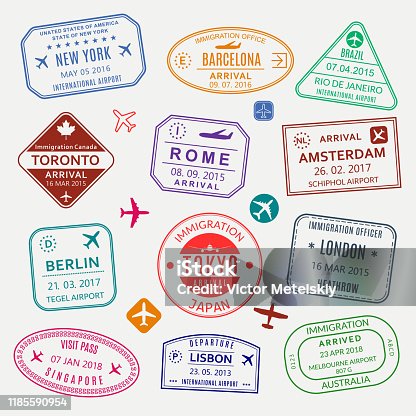 istock Passport stamp set. Different countries airport visa stamp. Custom control cachet. New York, Rome, Amsterdam, London, Barcelona, Tokyo, Singapore, Lisbon, Berlin immigration sign. Vector illustration. 1185590954