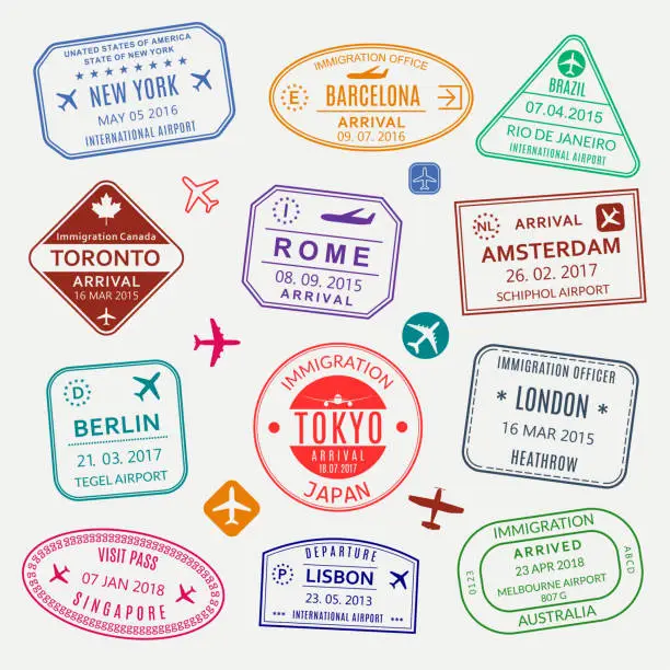 Vector illustration of Passport stamp set. Different countries airport visa stamp. Custom control cachet. New York, Rome, Amsterdam, London, Barcelona, Tokyo, Singapore, Lisbon, Berlin immigration sign. Vector illustration.
