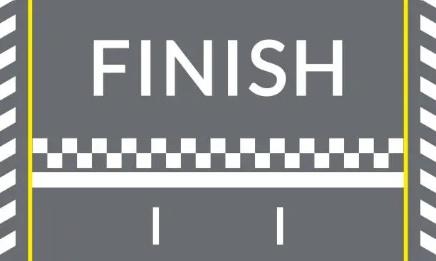 Vector illustration of Finish line on the rally track for the racing cars. Top view. Speedway banner. Empty asphalt road background. Vector illustration.