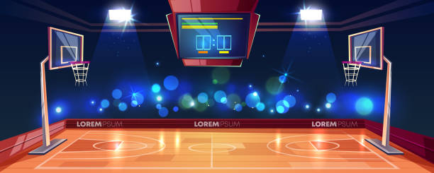 Weekend evening game on basketball stadium vector Basketball court illuminated with stadium lights, scoreboard and cameras flashlight in fan sector cartoon vector illustration. Modern arena for sports games. Basketball championship or tournament basketball crowd stock illustrations