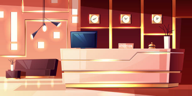 Vector cartoon hotel reception. Lobby of inn Vector cartoon background of hotel reception, cozy foyer. Modern desk, illumination of empty hall. Lobby with sofa, clocks and chandelier. Tourism, business trip concept. The interior of inn. hostel-interior stock illustrations