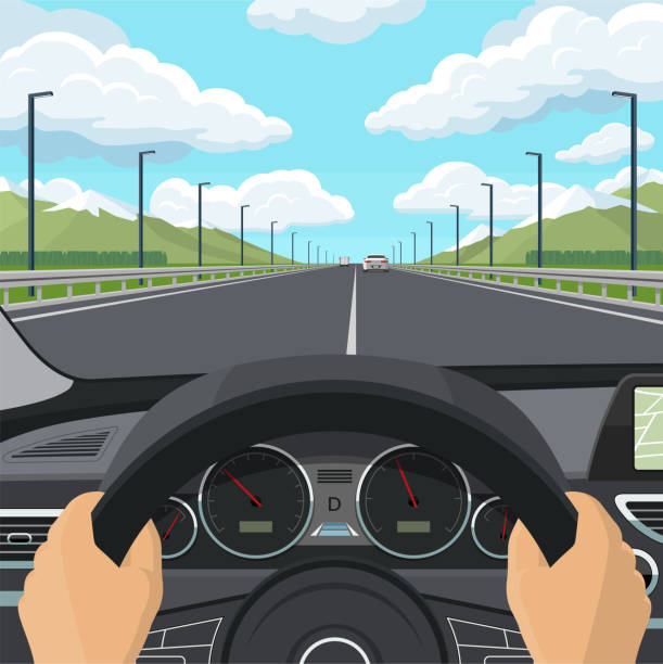 autoantrieb pov-konzept. blick aus dem inneren eines autos. die hände des fahrers am lenkrad, am armaturenbrett, im fahrzeuginnenraum, auf der autobahn und im verkehr. vektor-illustration - drive stock-grafiken, -clipart, -cartoons und -symbole