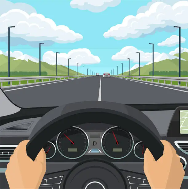 Vector illustration of Car drive POV concept. View from inside of a car. The driver's hands on the steering wheel, the dashboard, the car interior, the highway and traffic. Vector illustration