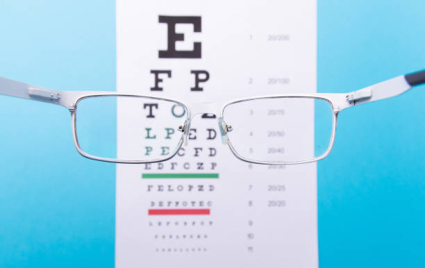 istock Hand-held glasses, view of the Snellen chart. Blue background 1185593342