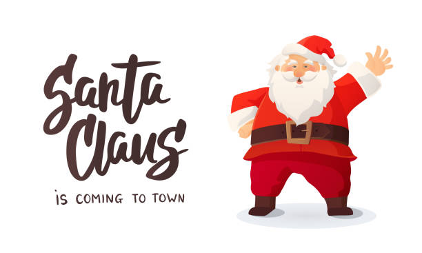 weihnachts-grußkarte. "santa claus is coming" text. cartoon vektor-illustration des weihnachtsmannes winken eine hand - weihnachtsmann stock-grafiken, -clipart, -cartoons und -symbole