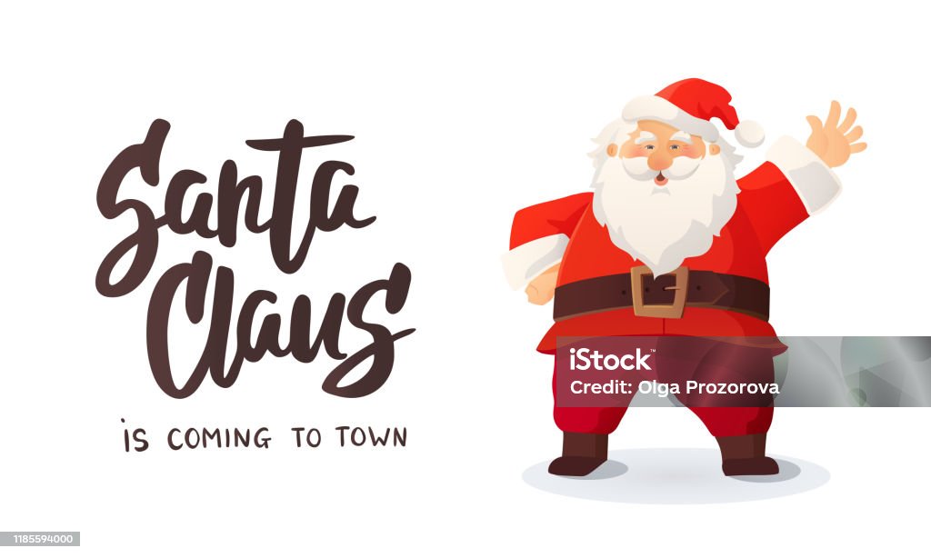 Christmas Greeting Card Santa Claus Is Coming Text Cartoon Vector  Illustration Of Santa Claus Waving A Hand Stock Illustration - Download  Image Now - iStock