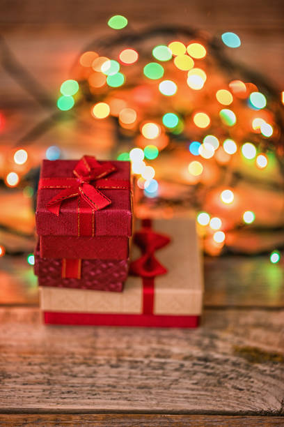 istock Christmas decoration arrangement, gift boxes with  led lights 1185594040