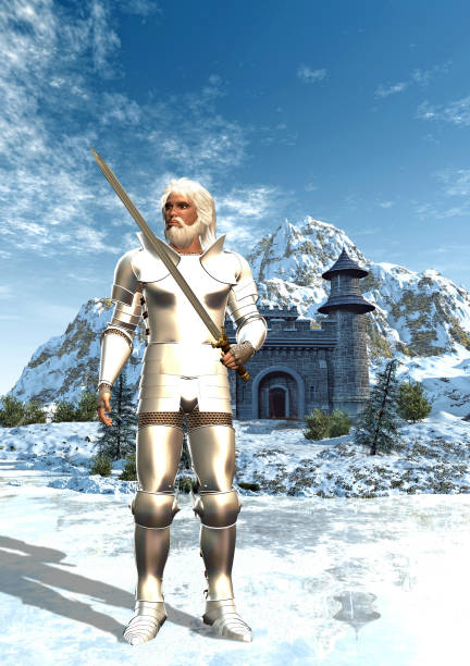 istock Fantasy Warrior with White armor near a castle, in the background mountains with snow, 3d illustration 1185600531