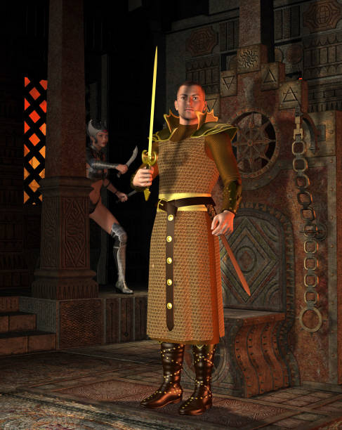 istock Fantasy Warrior armed with sword inside a castle, in the Thrones room, a woman killer with weapons, 3d illustration 1185600542