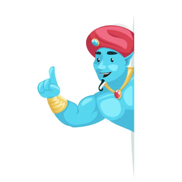 Vector illustration of Pointing finger up arabian genie turban look out corner cartoon character wish vector illustration