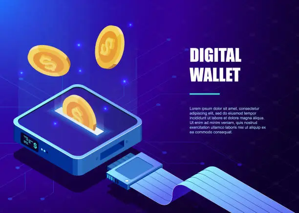 Vector illustration of Digital wallet. Online bank, banking concept. Cyber money. Payment online.