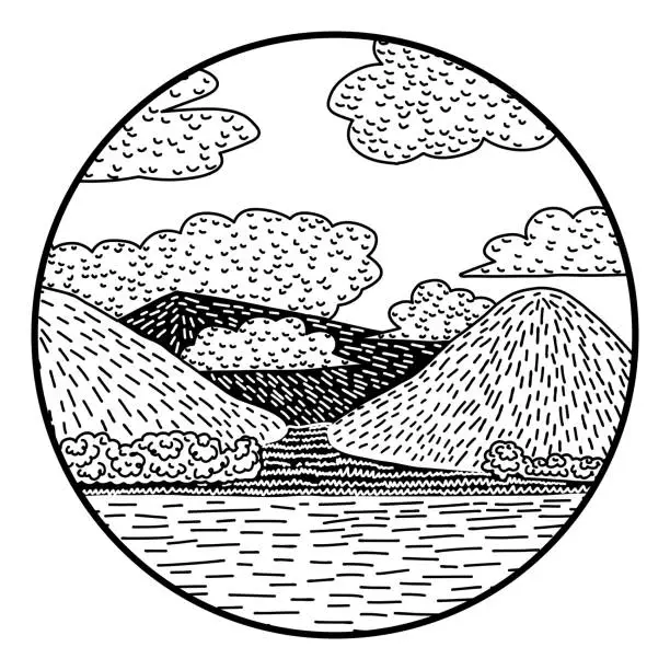 Vector illustration of Mountains and lake landscape doodle. Round shape