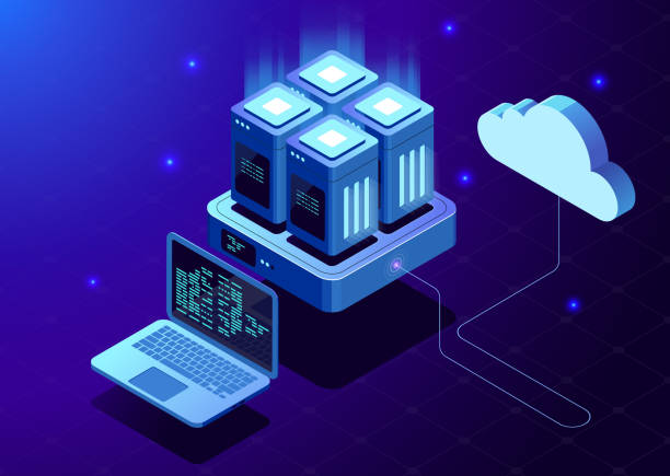 ilustrações, clipart, desenhos animados e ícones de tecnologia de nuvem moderna isométrica e conceito de rede. conceito de serviços de computação em nuvem. - computer isometric network server computer icon