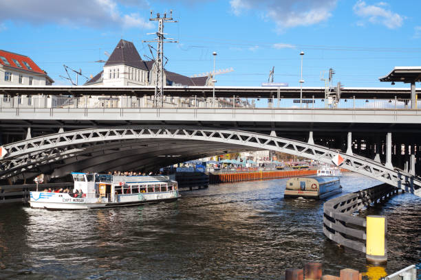 Tourboats in river Spree in Berlin are passing under a bridge in area of Berlin Mitte between main station and Friedrichstrasse / Museumsinsel. Behind bridge are buildings. Bridge is for train Berliner S-Bahn.