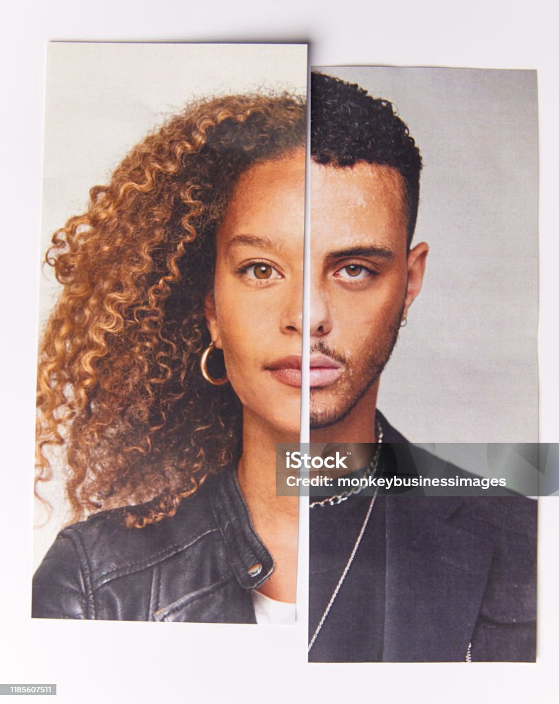 Gender Identity Concept With Composite Image Made From Halved Male And Female Facial Features Halved Stock Photo