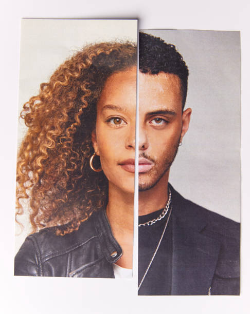 Gender Identity Concept With Composite Image Made From Halved Male And Female Facial Features Gender Identity Concept With Composite Image Made From Halved Male And Female Facial Features halved stock pictures, royalty-free photos & images