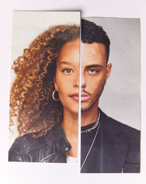Gender Identity Concept With Composite Image Made From Halved Male And Female Facial Features Gender Identity Concept With Composite Image Made From Halved Male And Female Facial Features halved photos stock pictures, royalty-free photos & images