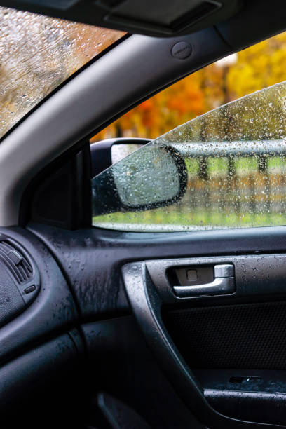 istock Autumn park on a rainy day from car window, vertical image 1185609735
