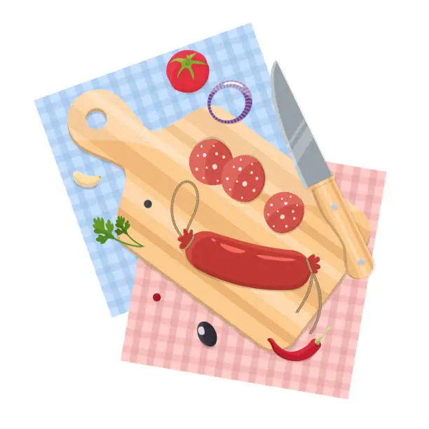 Vector illustration of Sausage on a chopping Board, spices and a knife. The process of cooking. Home cooking.