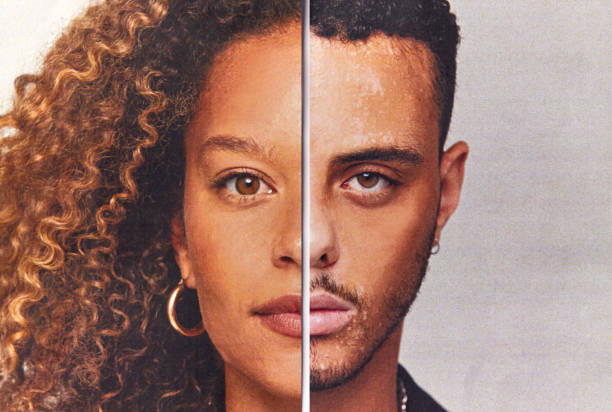 concept d'identité de genre avec l'image composite faite des dispositifs faciaux masculins et féminins coupés en deux - photo didentité photos et images de collection