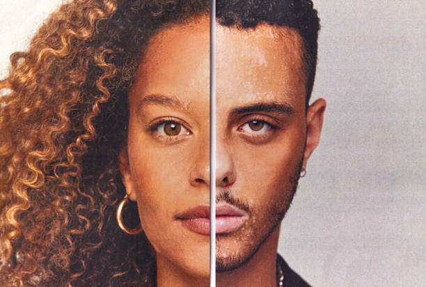 Gender Identity Concept With Composite Image Made From Halved Male And Female Facial Features Gender Identity Concept With Composite Image Made From Halved Male And Female Facial Features non binary gender photos stock pictures, royalty-free photos & images