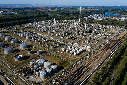 Oil refinery and petrochemical plant viewed from above.