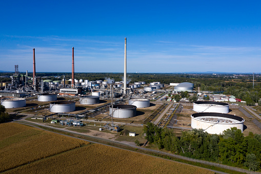Oil refinery and petrochemical plant, aerial view.