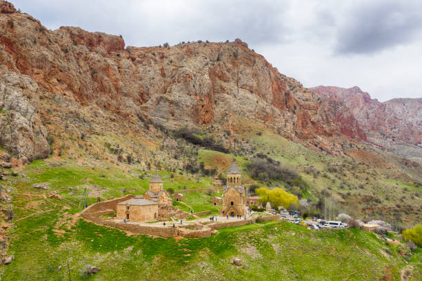 Aerial view of Noravank Monastery in the Dzor Province of Armenia. Noravank is located 122 km from Yerevan in a narrow gorge made by the Amaghu River, it goes back until the year 1205. It belongs to the national church of Armenia, the Armenian Apostolic Church.