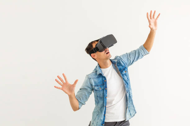 istock Young man with virtual reality glasses. Modern technologies. The concept of future technology. 1185613854