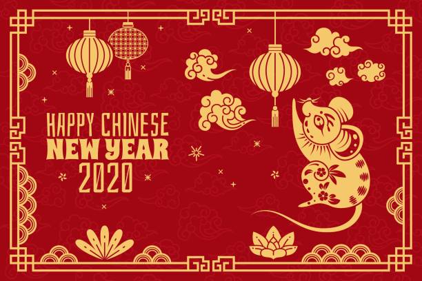 ilustraciones, imágenes clip art, dibujos animados e iconos de stock de año nuevo chino. concepto rojo 2020 con rata dorada, patrones de orientación tradicionales. zodiacal ratón calendario símbolo fondo vectorial - china year new temple