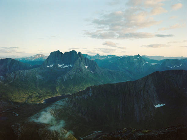 Scenic view on Senja Island from mountains at sunset