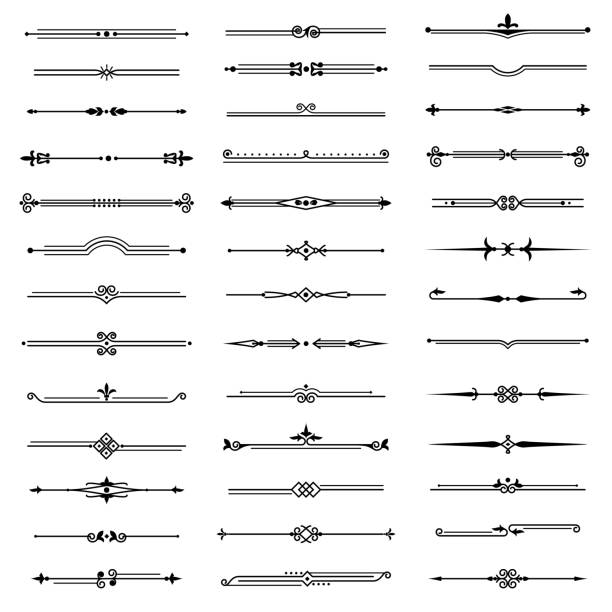 빈티지 라인 구분. 텍스트 벡터 추상손으로 그린 디자인 세트 장식 우아한 복고풍 멋진 라인 분할 프레임 테두리 - 만연체 stock illustrations