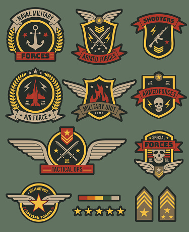 Military army badges. Patches, soldier chevrons with ribbon and star. Vintage airborne labels, t-shirt graphics, military style vector tactical seal tag set