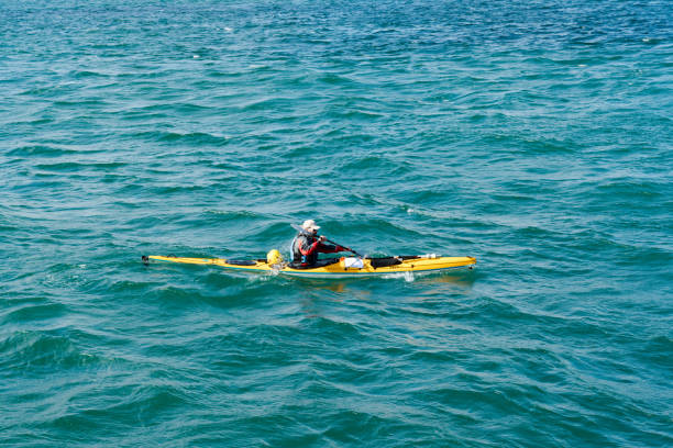 Saint-Malo, Ille-et-Vilaine / France - 19 August 2019: sea kayaker in the open ocean