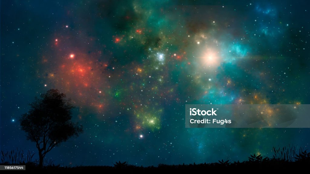 Space background. Colorful nebula with land and tree silhouette. Digital hand painting Backgrounds Stock Photo