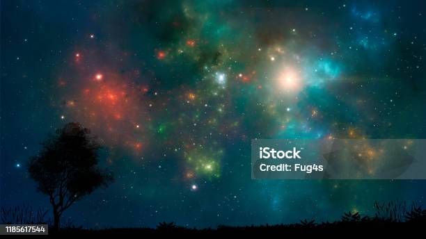 Space Background Colorful Nebula With Land And Tree Silhouette Digital Hand Painting Stock Photo - Download Image Now